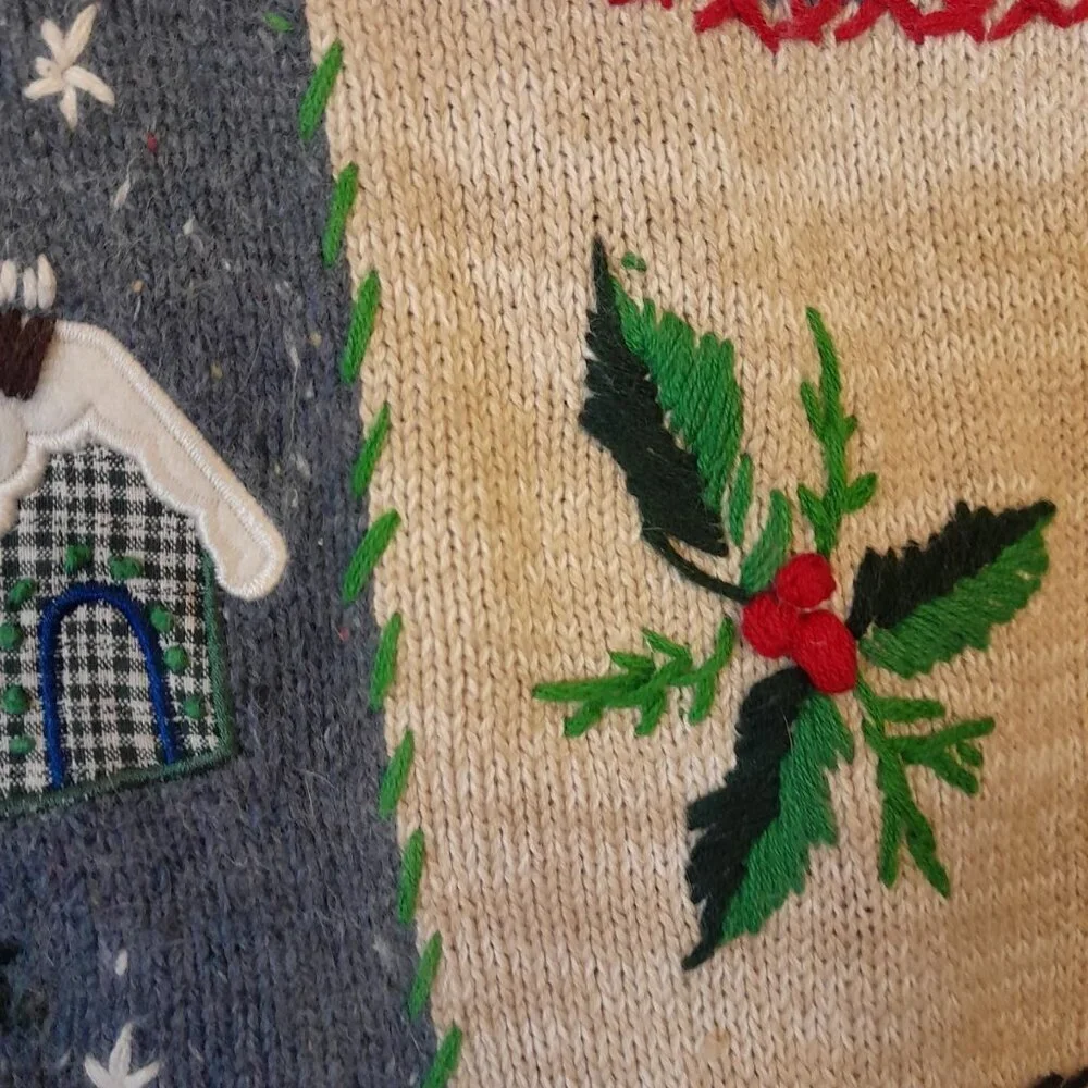Vintage Womens Embroidered Patchwork Holiday 3D Christmas Zip Size XL Cardigan